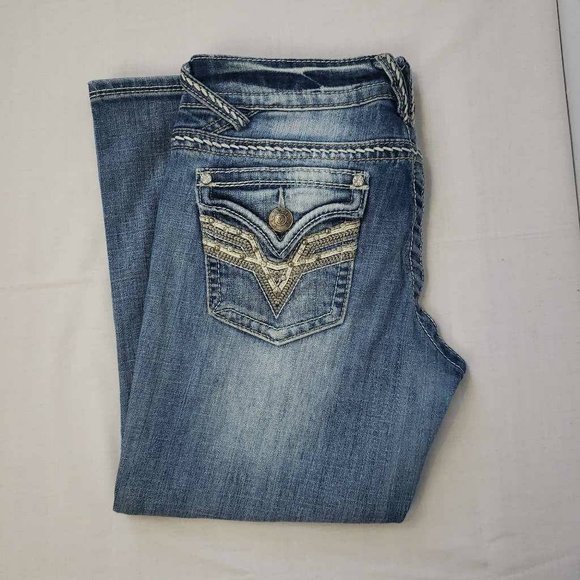 Vigoss Womens Capri Jeans Blue Stretch Pockets Embroidered Medium Wash Denim 7 - Picture 1 of 12